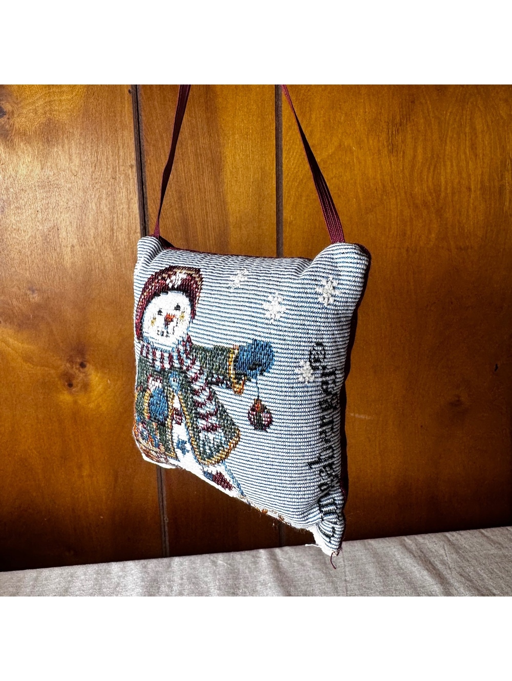 Vintage Longaberger Snowman Tapestry Hanging Pillow Ornament 6x6 Christmas Decor